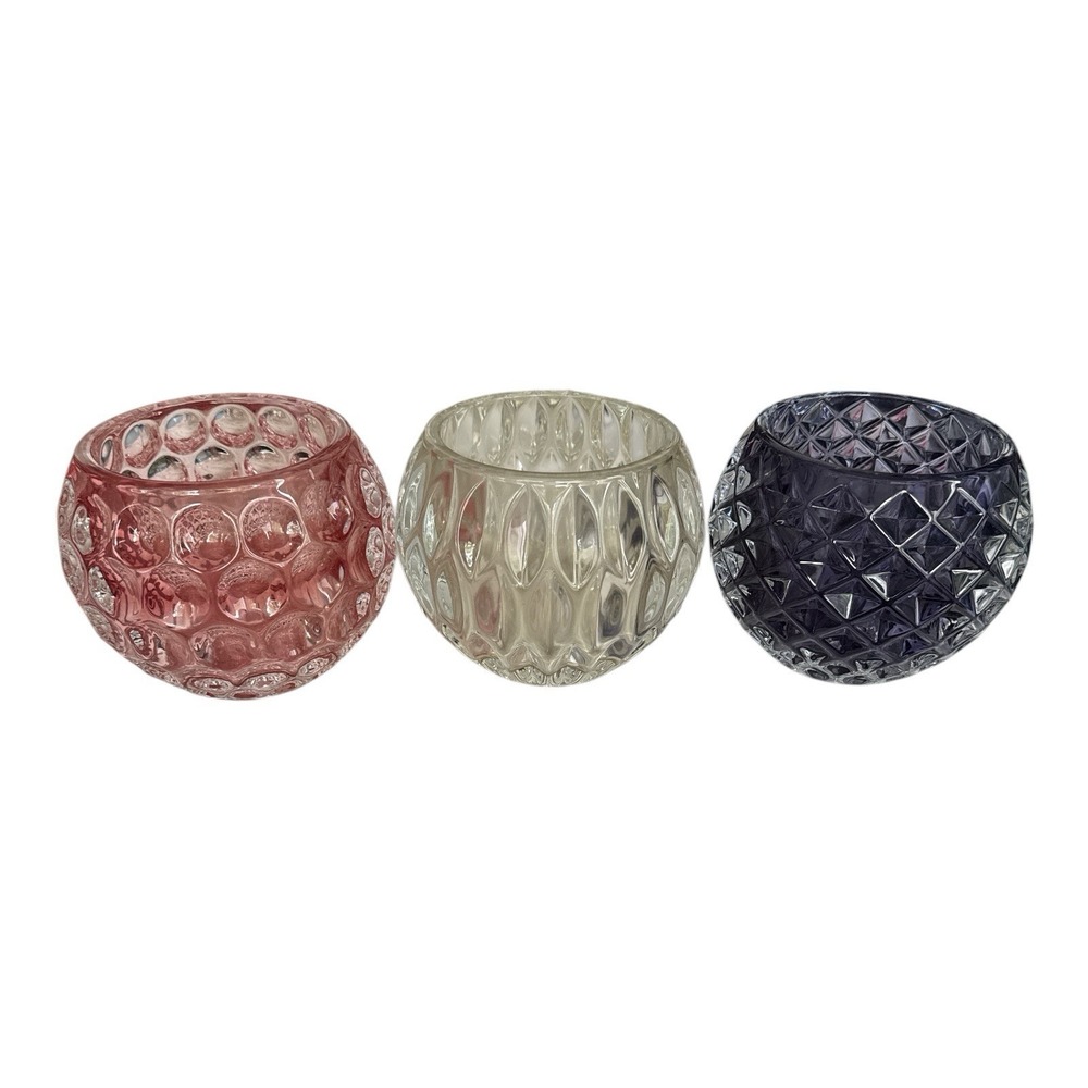 Set of 3 Heavy Textured Glass Votive Candle Holders Pink Clear Purple 4"x5"